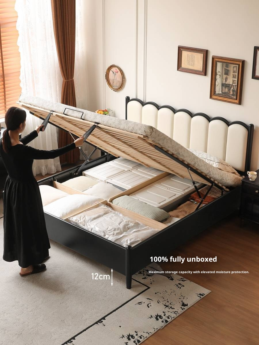 Rubberwood Solid Wood Upholstered Storage Box Bed, French Retro Style