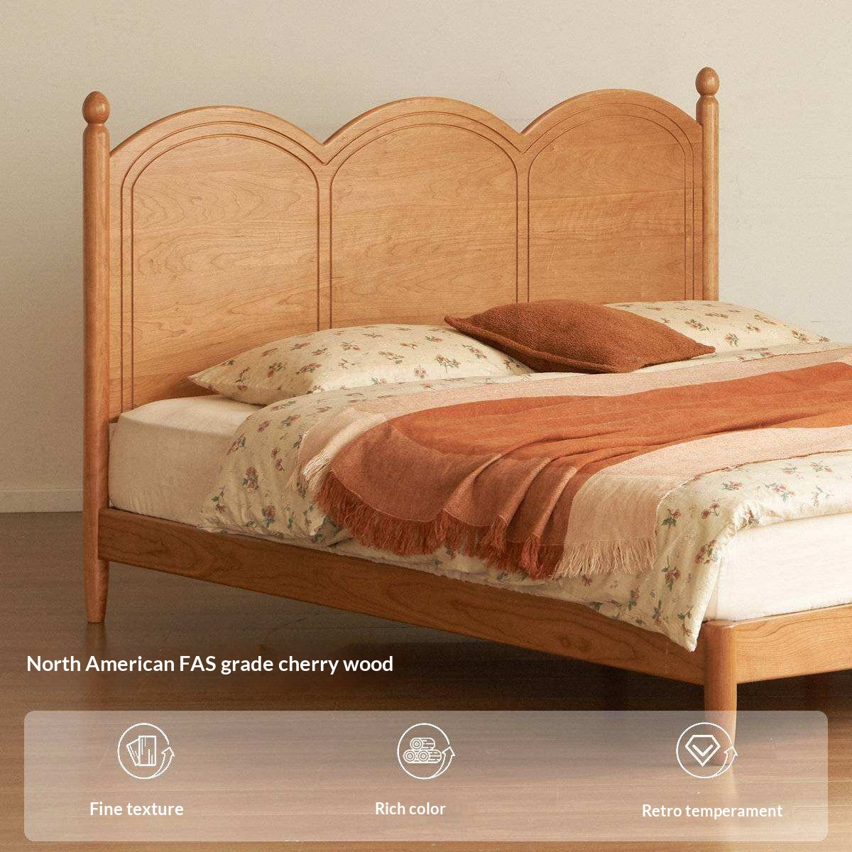Cherry Solid Wood French Country Arched Platform Bed with Spindle Legs