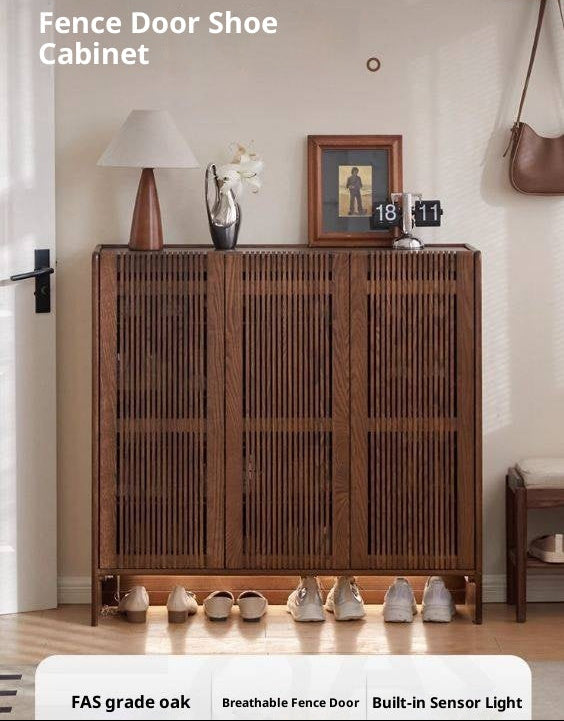 Oak Solid Wood Modern Slatted Shoe Cabinet with Ventilated Doors