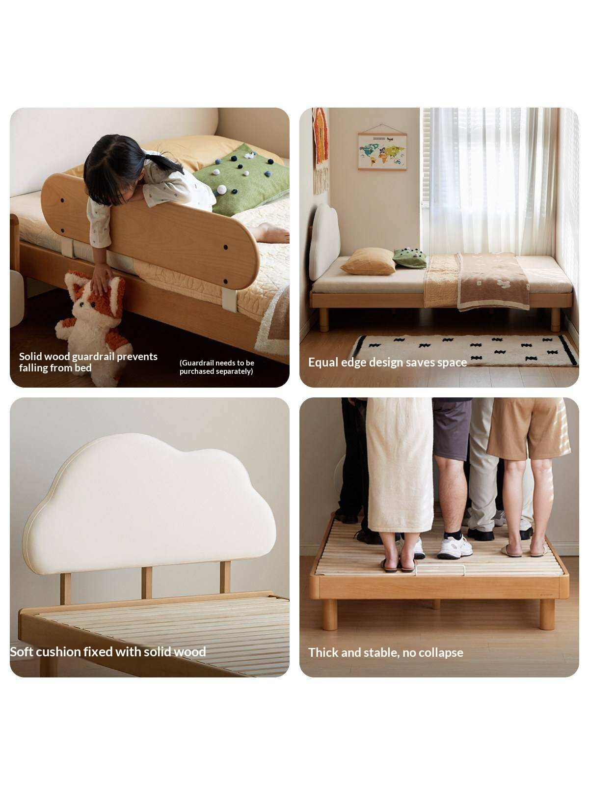Beech Solid Wood Upholstered Kids Bed with Cloud-Shaped Headboard