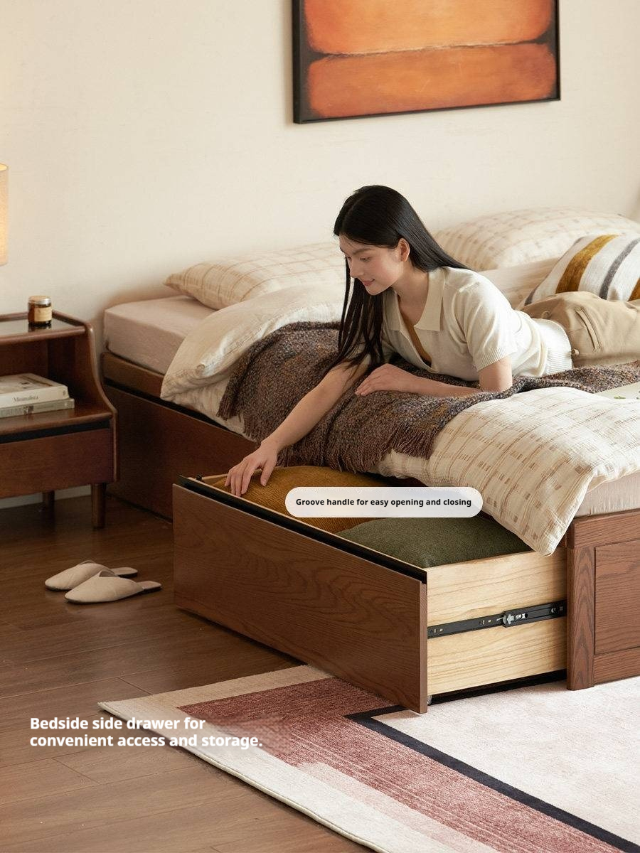 Oak Solid Wood Storage Platform Bed with Drawers, Walnut Color