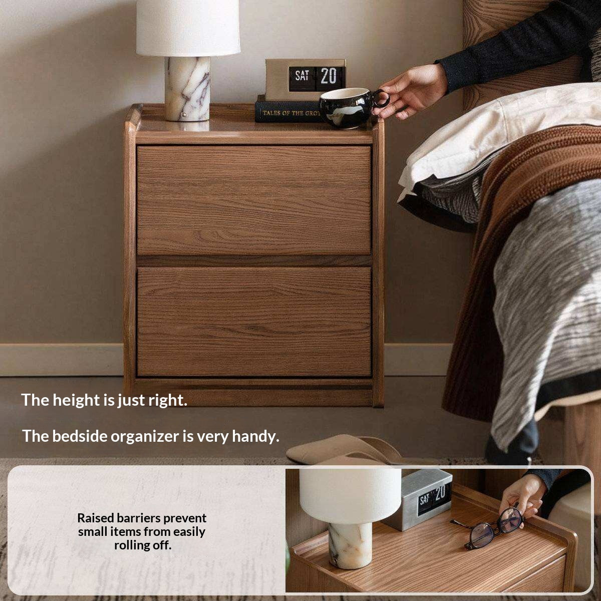 Ash Solid Wood Nightstand with Single Drawer and Open Shelf