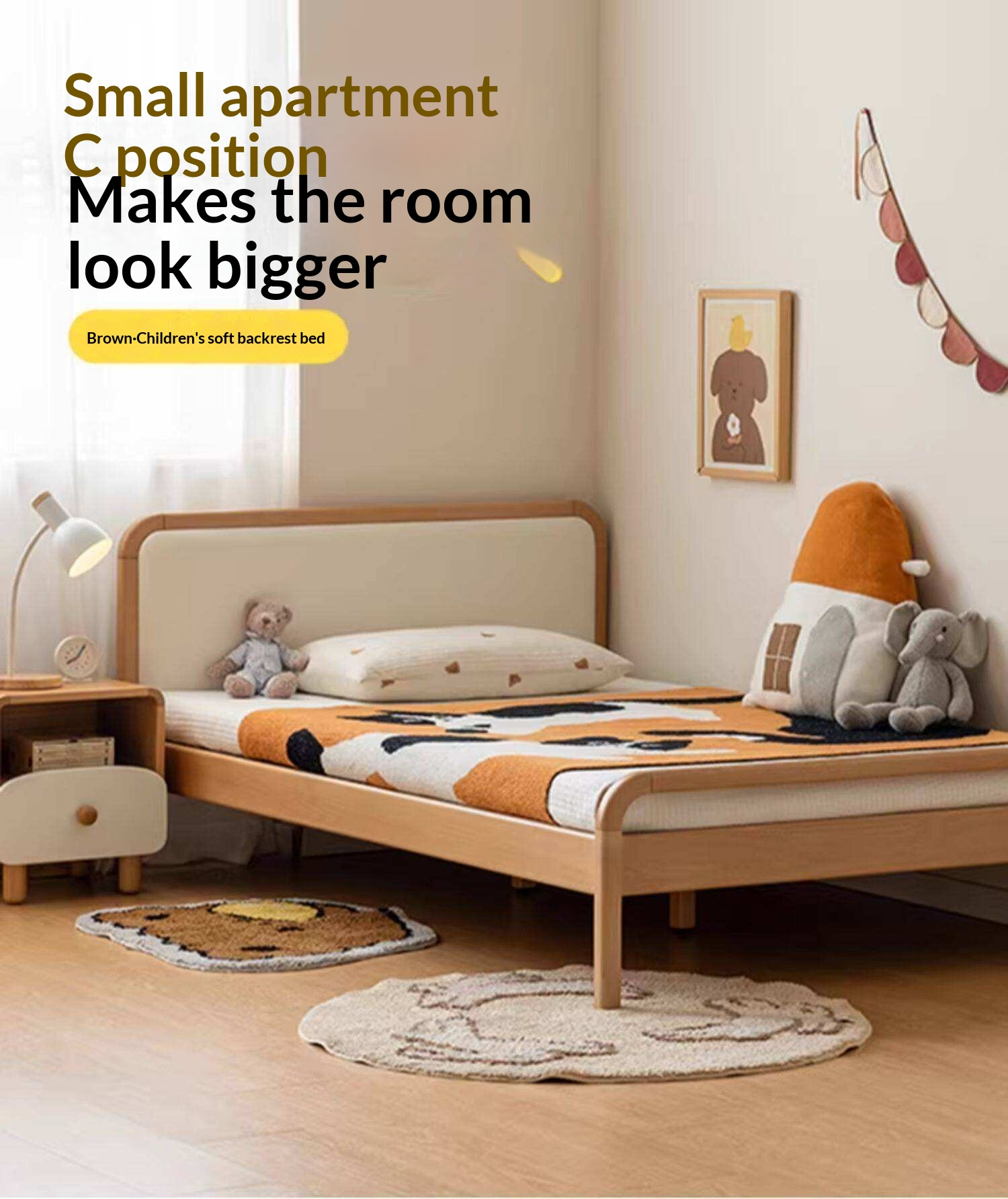 Beech Solid Wood Kids Bed with Adjustable Height and Rounded Corner Headboard