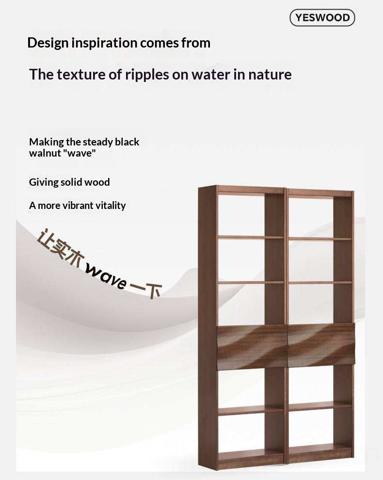 Black Walnut Solid Wood Bookshelf with Combination Storage and Display Shelves