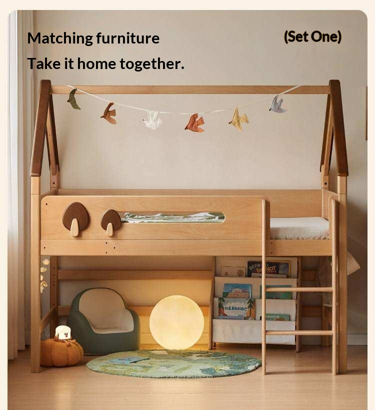Beech Solid Wood Children's Loft Bed with Table Under Bed