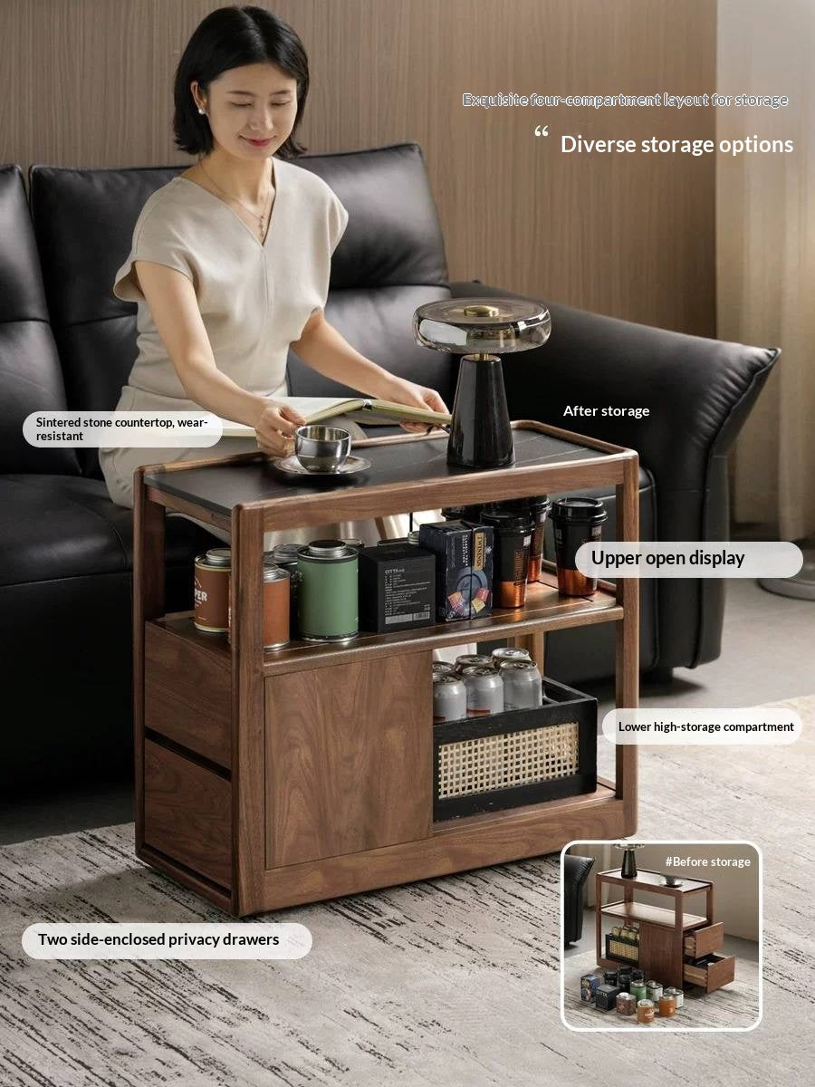 Black Walnut, Sandalwood, Oak, Ash Rolling Side Table with Stone Top and Open Storage Shelves