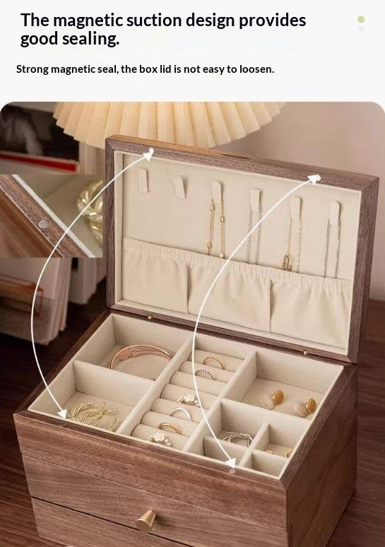 Black Walnut Solid Wood Jewelry Box with Large Capacity for Earrings and Necklaces