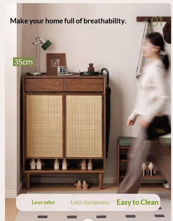 Oak Solid Wood Shoe Cabinet with Rattan Storage