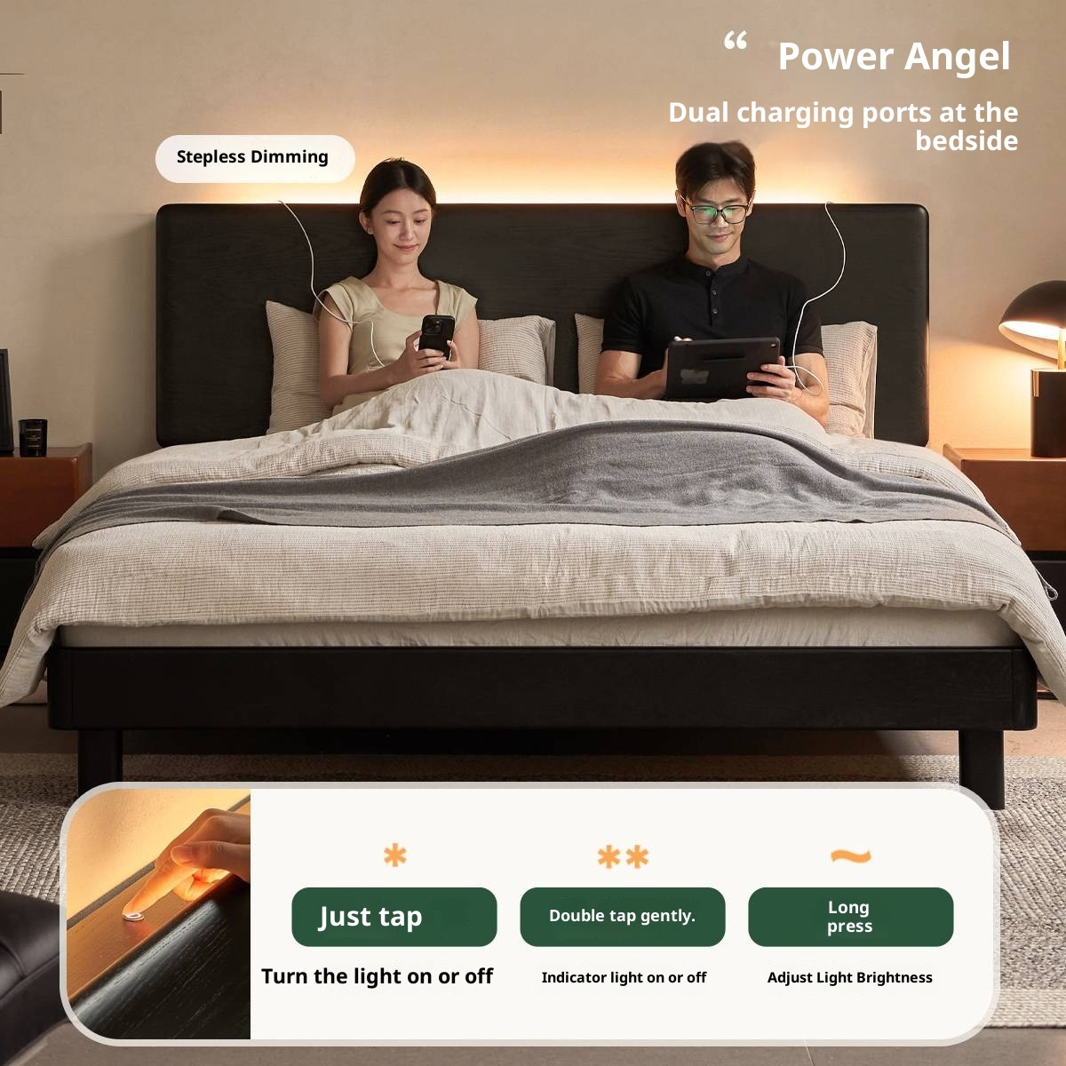 Ash Solid Wood Luminous Bed Modern Minimalist