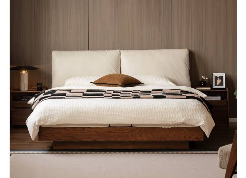 Oak Solid Wood Box Bed — Italian Light Luxury with Soft Genuine leather Backrest