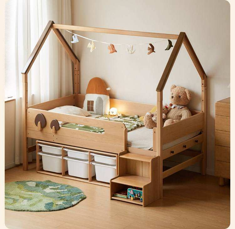 Beech Solid Wood Children's Loft Bed with Table Under Bed