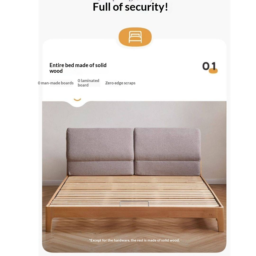 Beech Solid Wood Upholstered King Bed — Soft Headboard with Fabric Upholstery