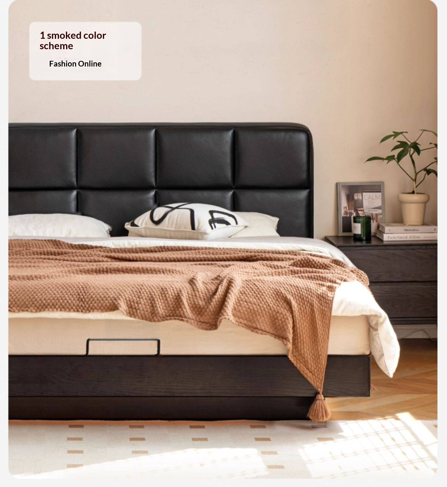 Oak Solid Wood Genuine Leather Upholstered Box Bed Retro Black Floating Bed