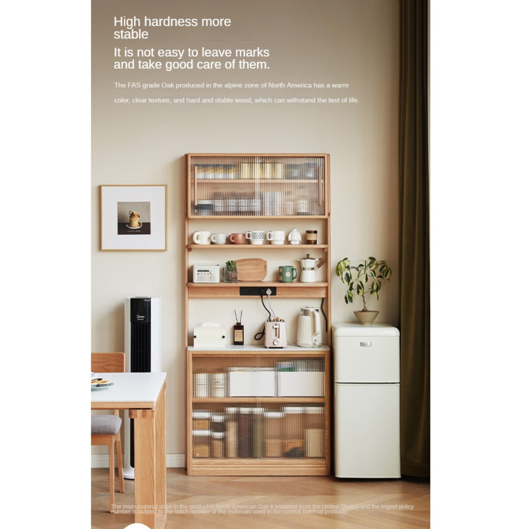Oak, Solid RubberWood Rock Board Dining Sideboard Integrated Multifunctional Storage