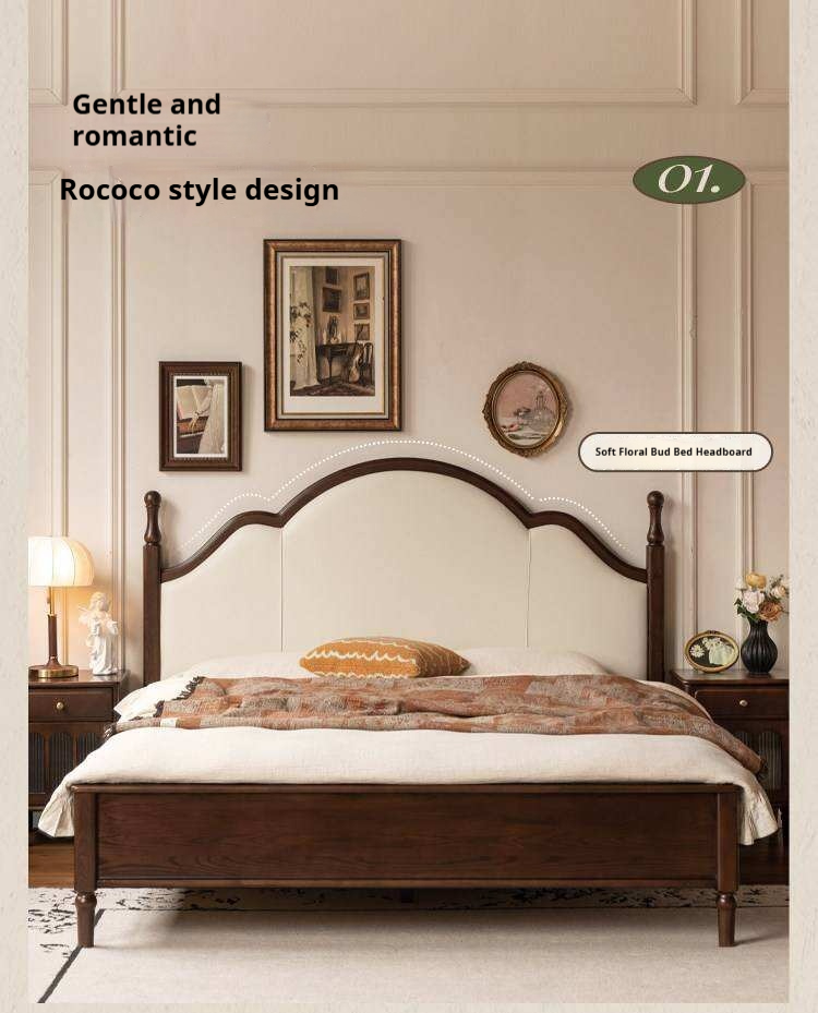 Ash Solid Wood Upholstered Bed with Tall Arched Headboard and Turned Finial Posts