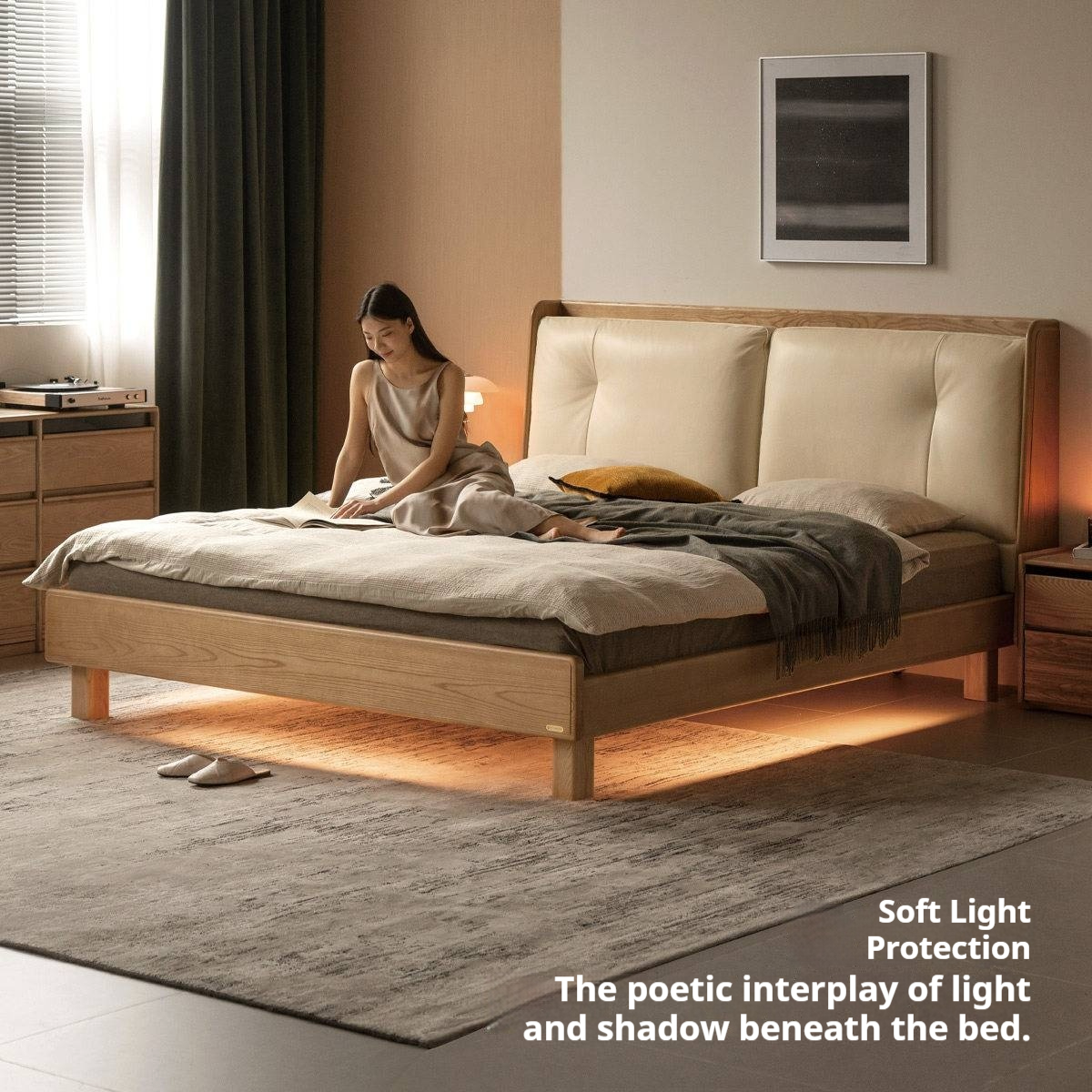 Ash Solid Wood Upholstered Floating Platform Bed with LED Lights