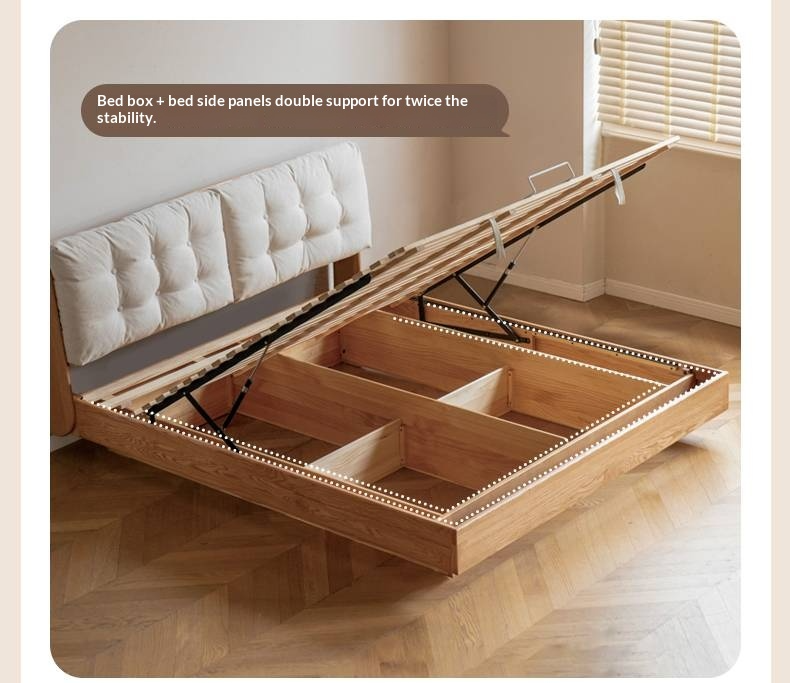 Oak Solid Wood with Upholstered Headboard Luminous Box Bed Cream Style