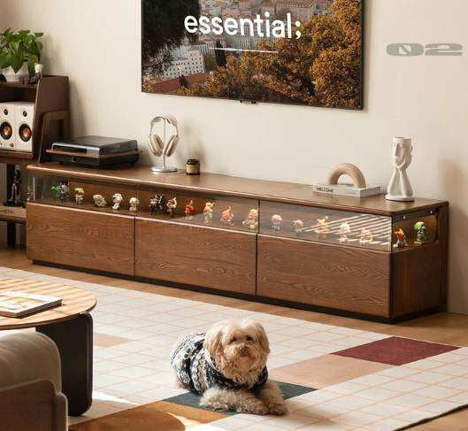 Ash Solid Wood TV Cabinet with Floor-Standing Storage and Display Shelves