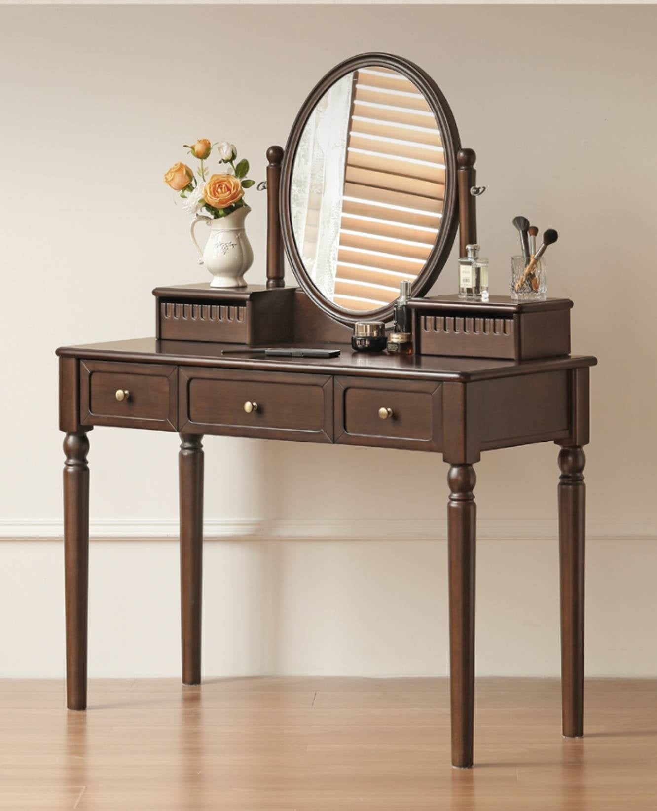 Poplar Solid Wood American Retro Style Vanity Table with Makeup Mirror
