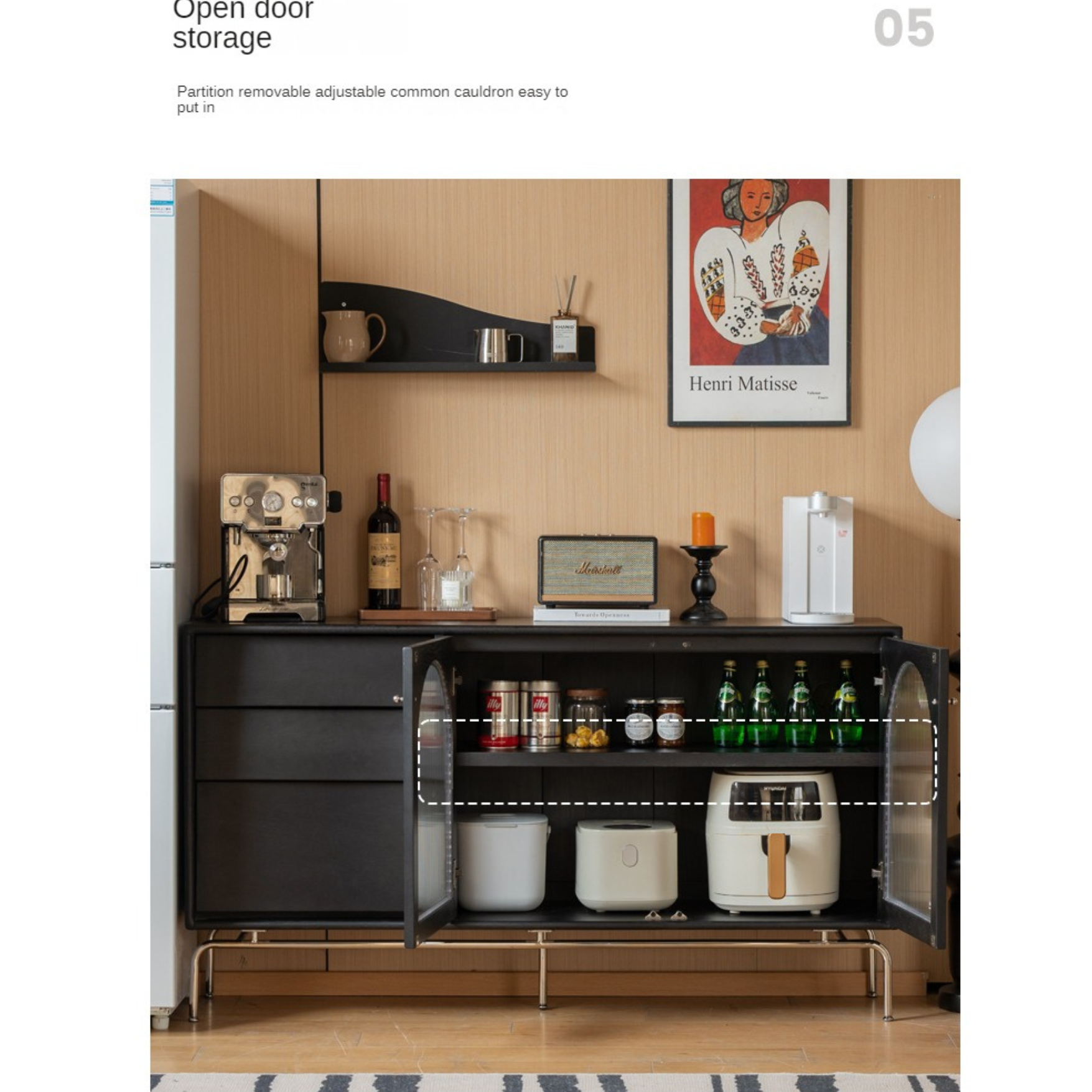 Solid Rubberwood, Oak Solid Wood French Retro Sideboard Black Glass