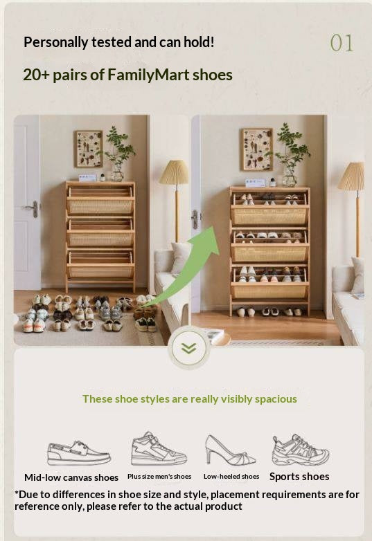 Oak Solid Wood Shoe Cabinet with Modern Minimalist Flip Door, Rattan Accents