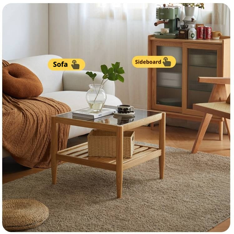 Oak Solid Wood Nordic Glass Coffee Table.