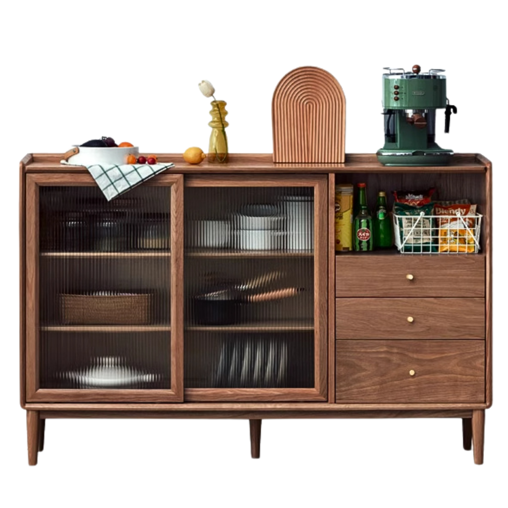 Black Walnut, Oak, Solid RubberWood Glass Modern Simple Sideboard