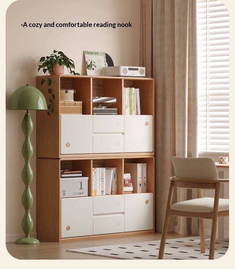 Solid Rubberwood Cream Style Modular Bookcase Cabinet
