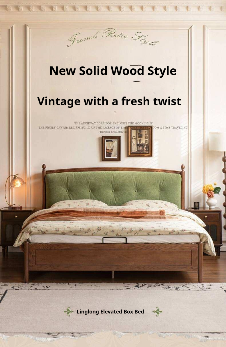 Oak Solid Wood French Country Tufted Storage Bed with Gas Lift and Turned Posts