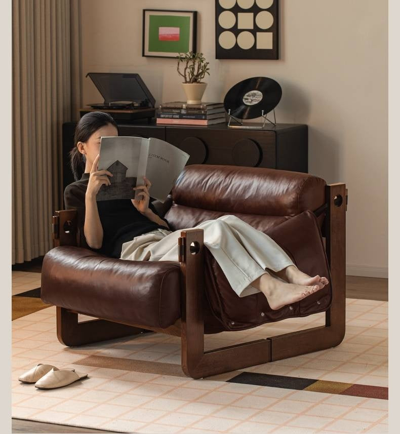 Genuine Leather Ash Solid Wood Sofa Chair, Mid-Century Style, Jersey Island Collection