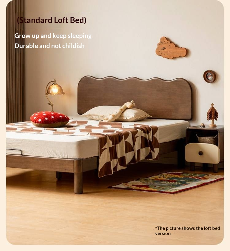 Rubberwood Solid Wood Low Kids Bed with Removable Legs and Adjustable Headboard Height