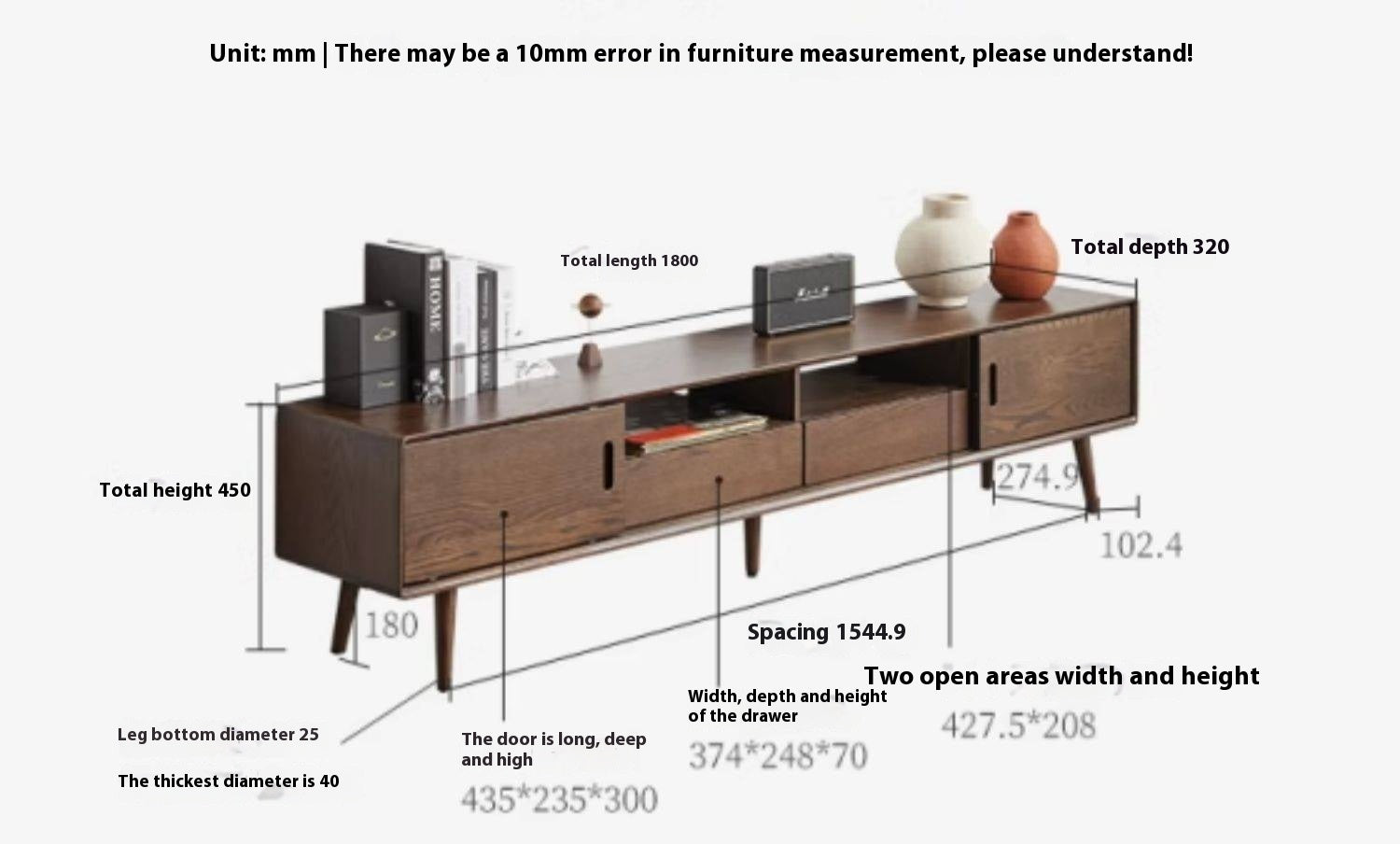 Solid Rubberwood Scandinavian TV Stand