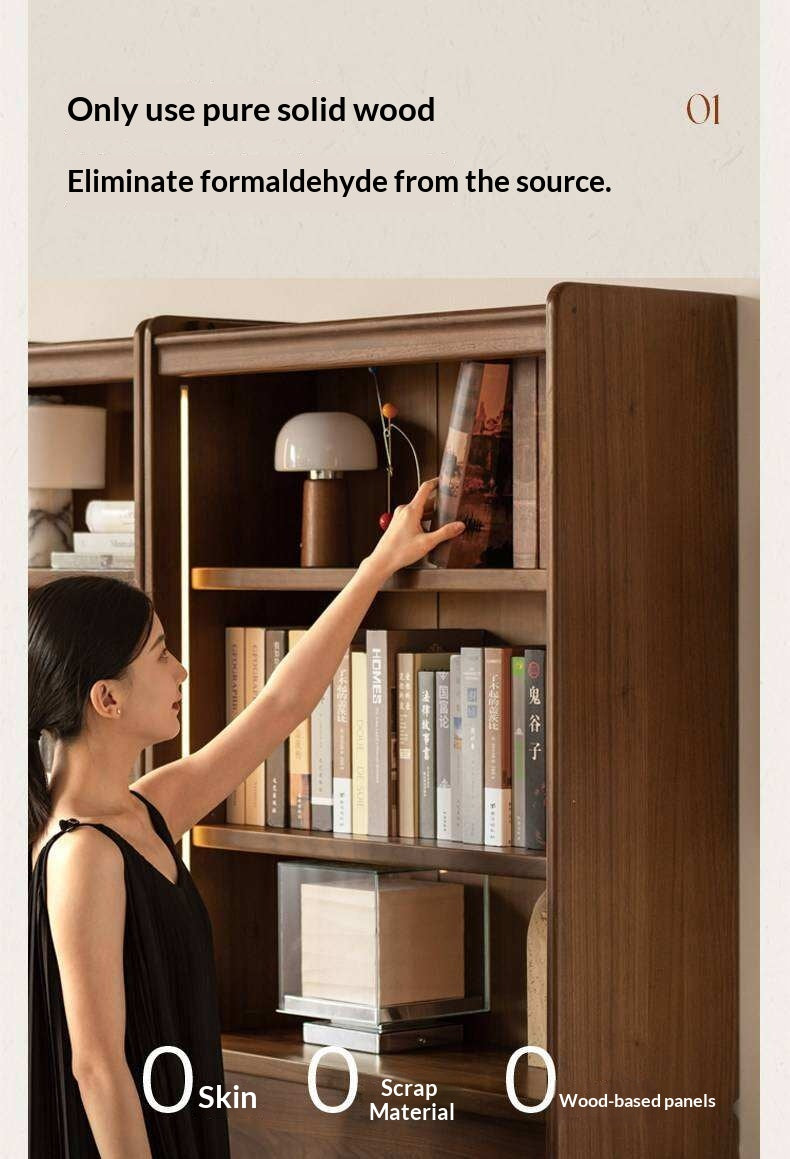 Black Walnut Solid Wood Combination Bookcase with Wall Storage and Floor Display