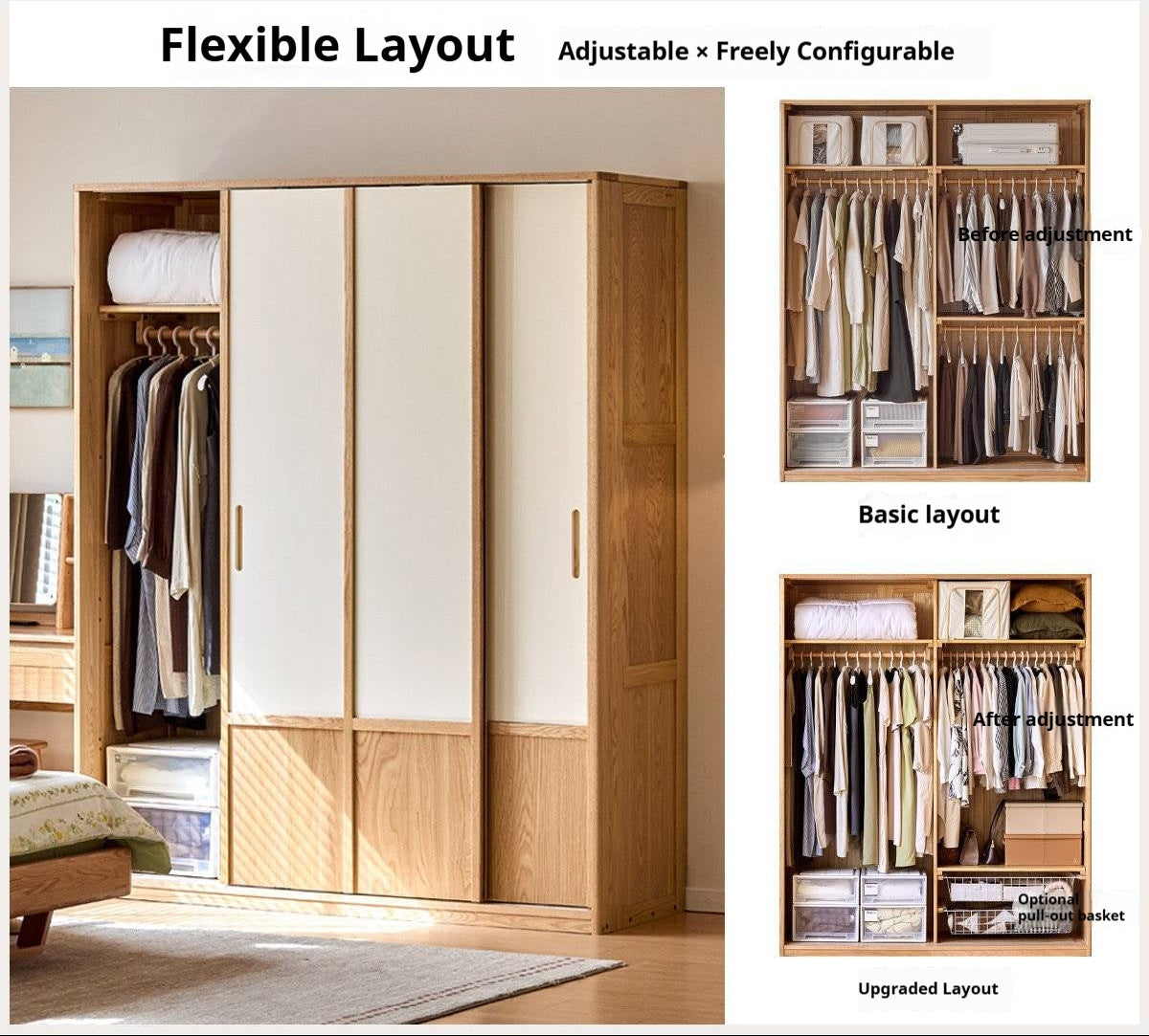 Oak Solid Wood Wardrobe with two-tone Sliding Doors
