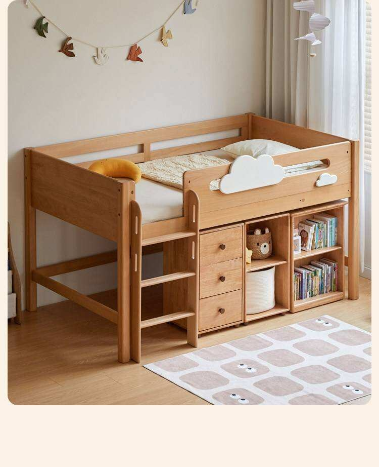 Beech Solid Wood Children's Loft Bed with Under-Table and Storage