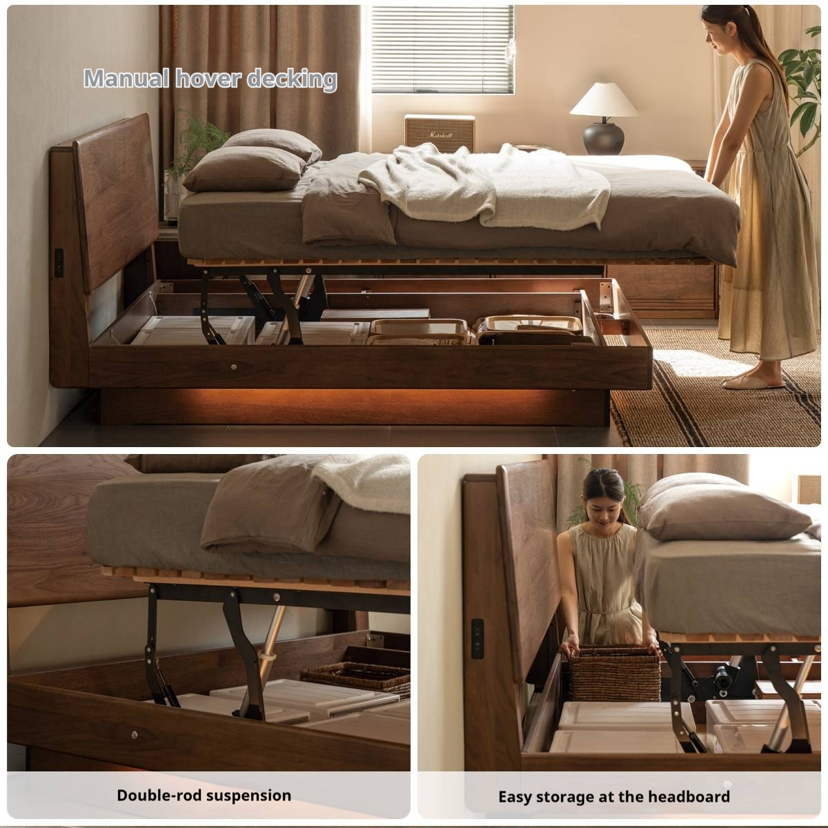 Black Walnut Solid Wood Italian Light Luxury Electric Suspended Box Bed