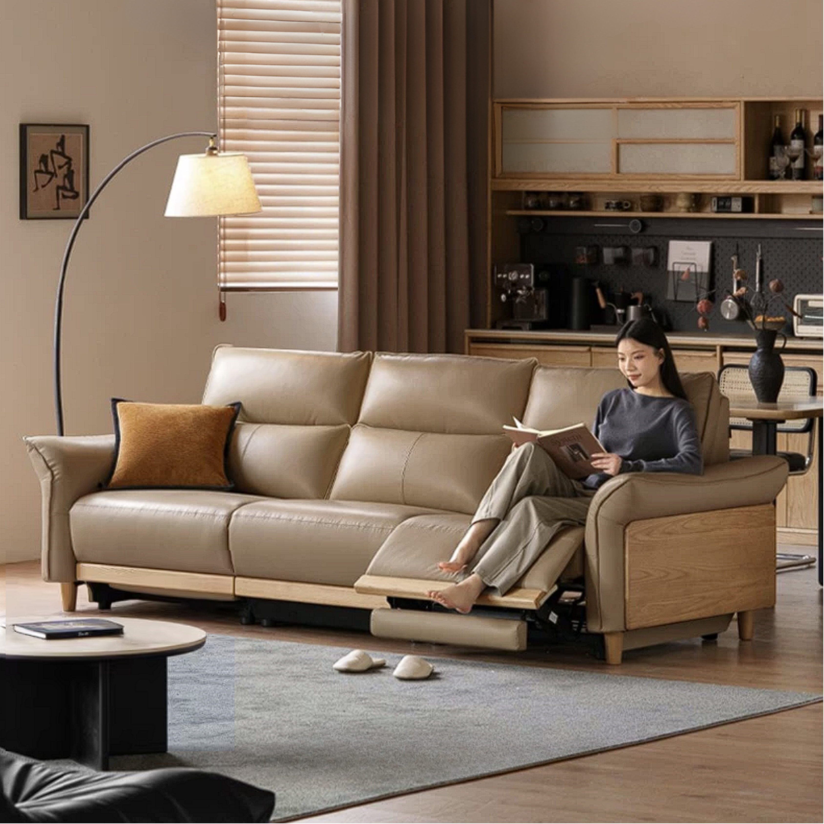 Ash Solid Wood Genuine Leather Modern Electric Reclining Sofa