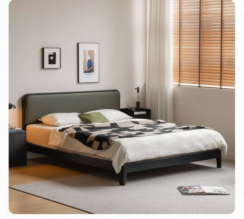 Rubberwood Solid Wood Bed — Modern Minimalist Black Design with Soft Headboard