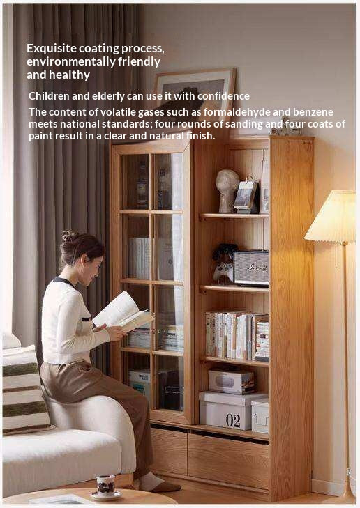 Ash Solid Wood Bookcase with Sliding Doors and Floor-to-Wall Glass Display Cabinet