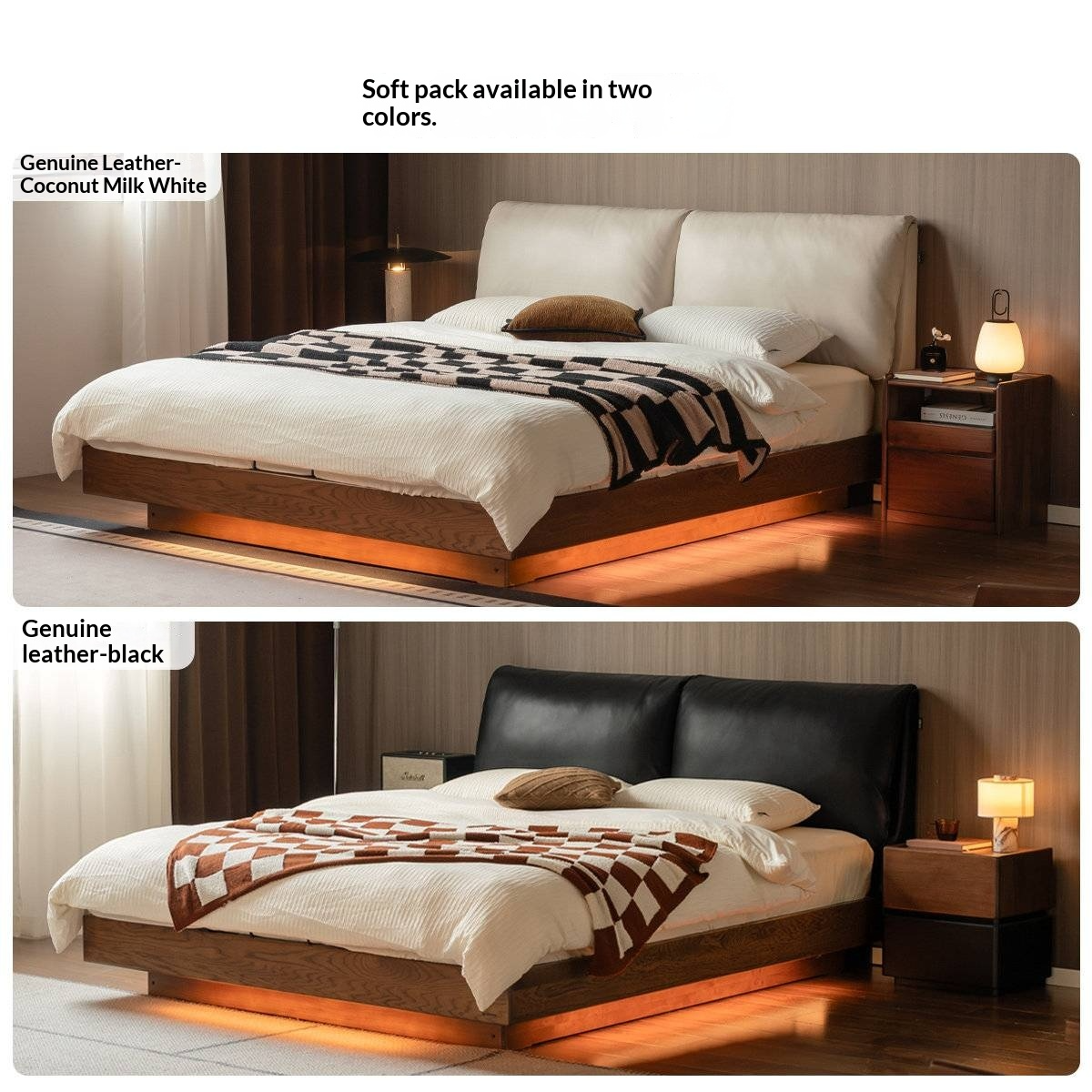 Oak Solid Wood Box Bed — Italian Light Luxury with Soft Genuine leather Backrest