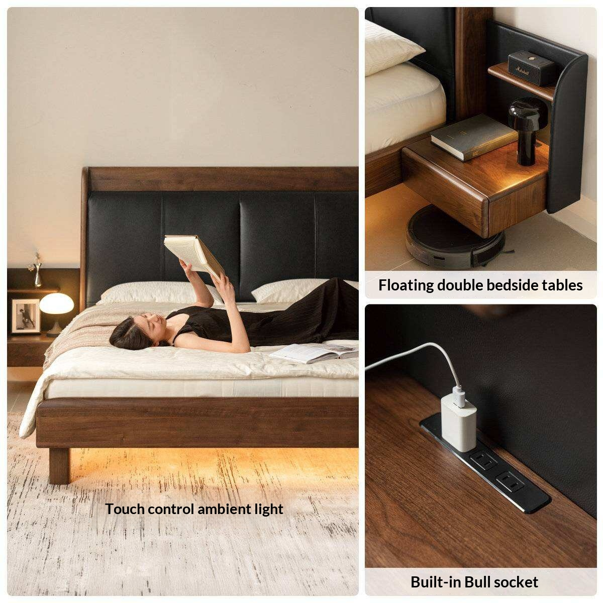 Black Walnut Solid Wood Genuine Leather Curved Leather Bed with Floating Base and LED Lighting