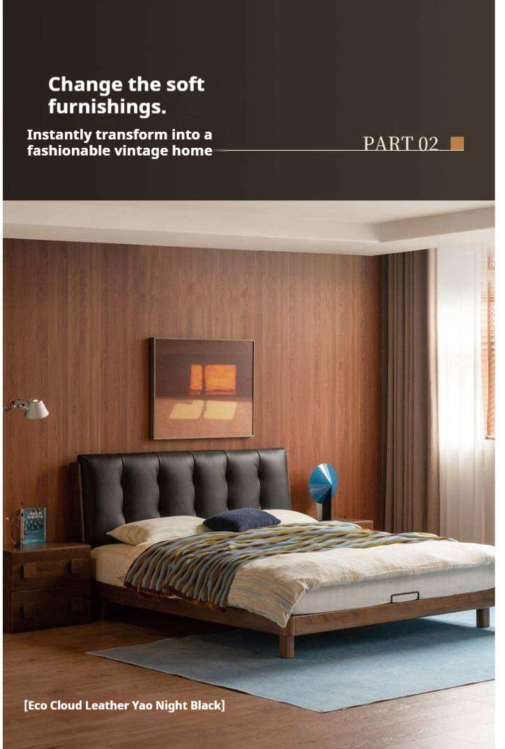 Black Walnut, Rubberwood Solid Wood Leather Upholstered Platform Bed with Vertical Channel Tufted Headboard