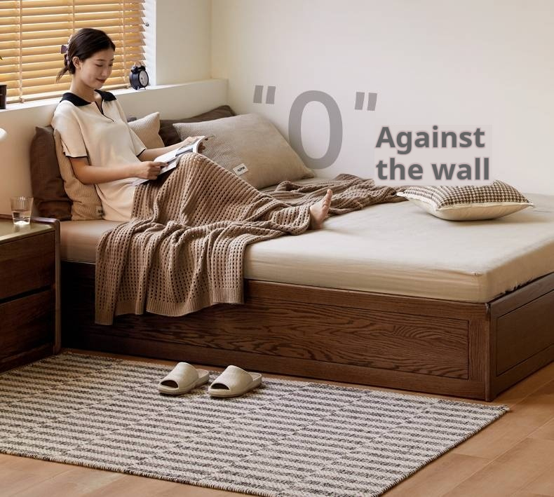 Oak, Rubberwood Solid Wood Platform Box Bed, Headboard-Free Bed Modern Minimalist