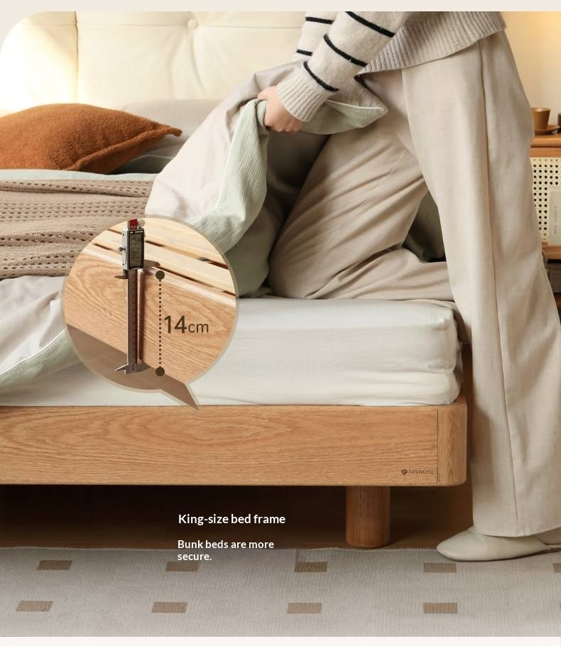 Oak Solid Wood Bed — Modern Minimalist, Genuine Leather Upholstered, Floating Design with Light