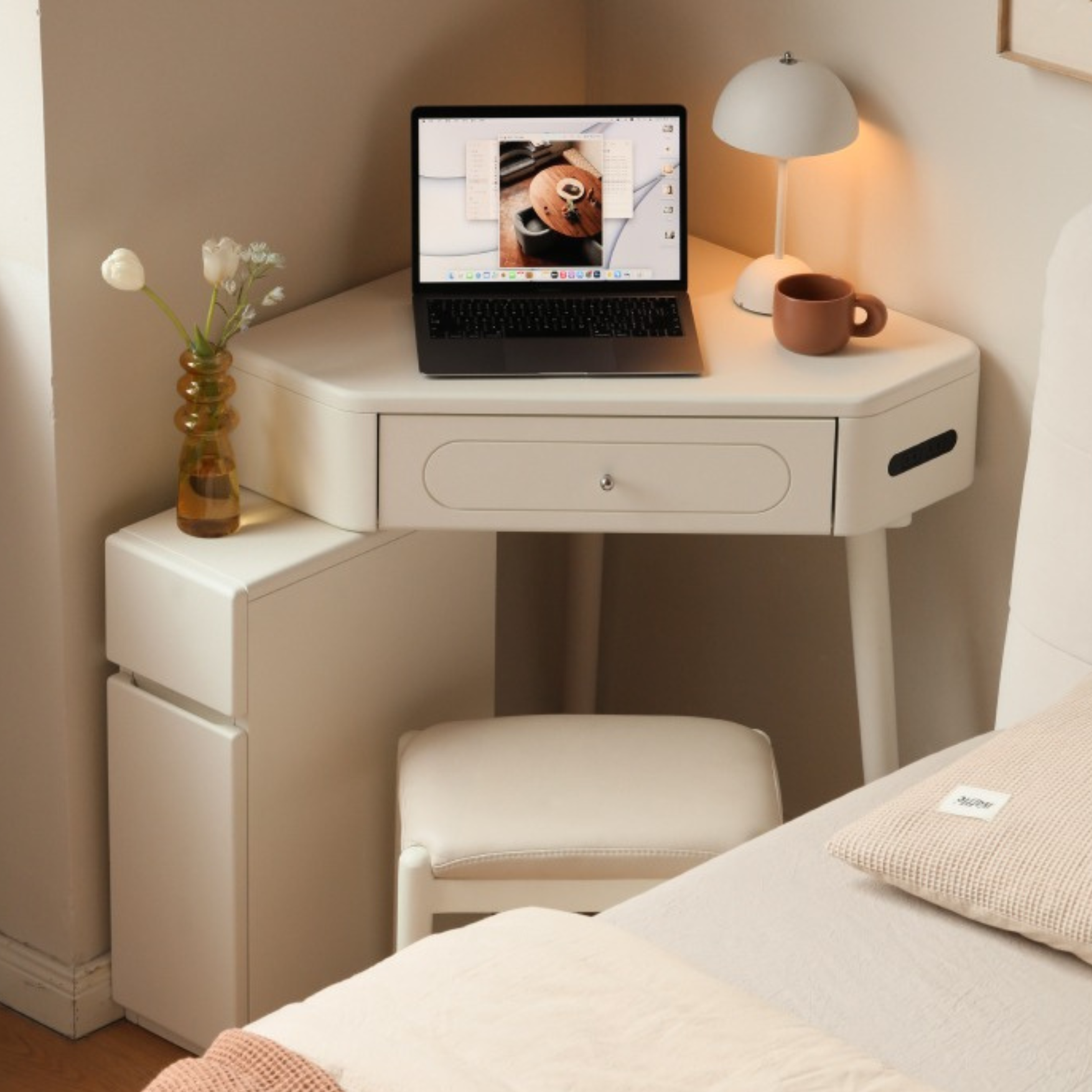 Poplar Solid Wood Corner White Dressing Table.