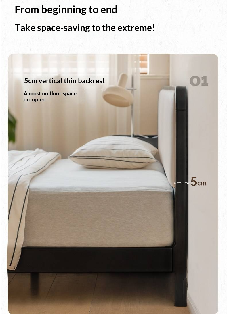 Rubberwood Solid Wood Bed — Modern Minimalist Design with Black Soft Headboard