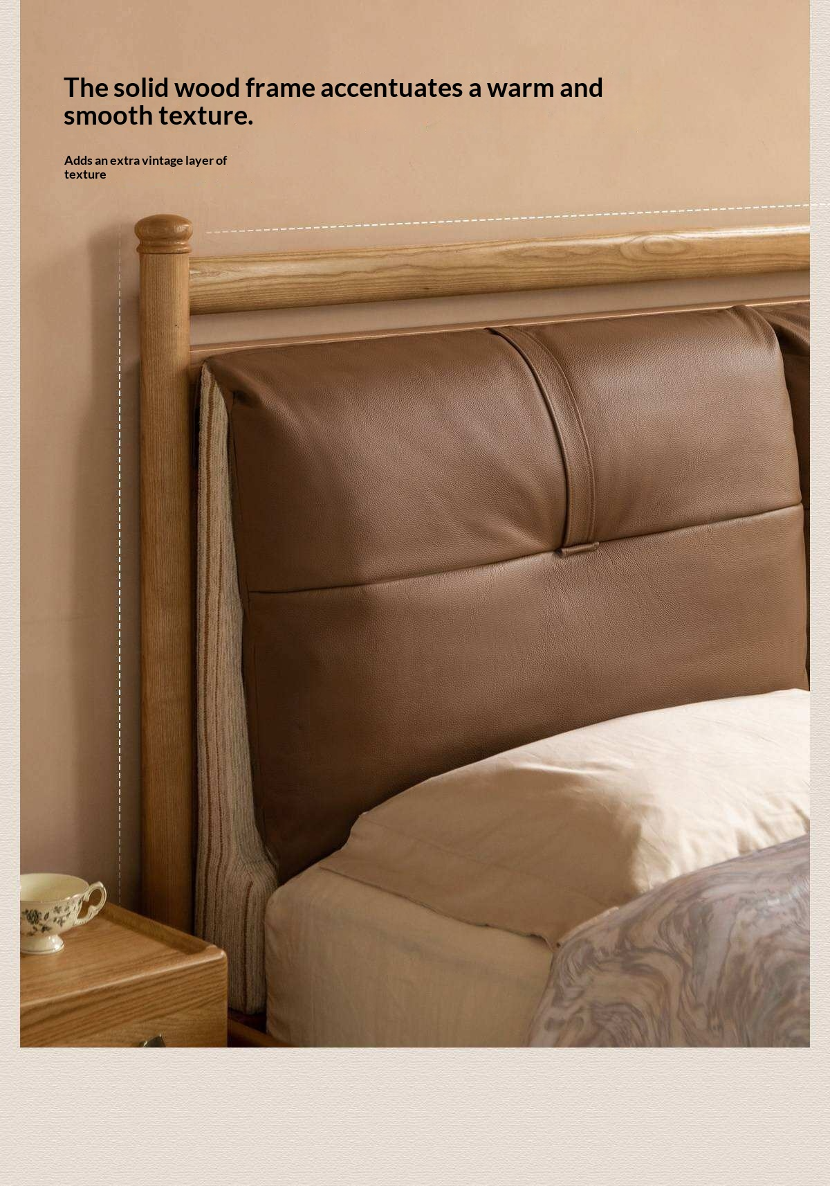 Ash Solid Wood Bed with Plush Genuine Leather Cushioned Headboard
