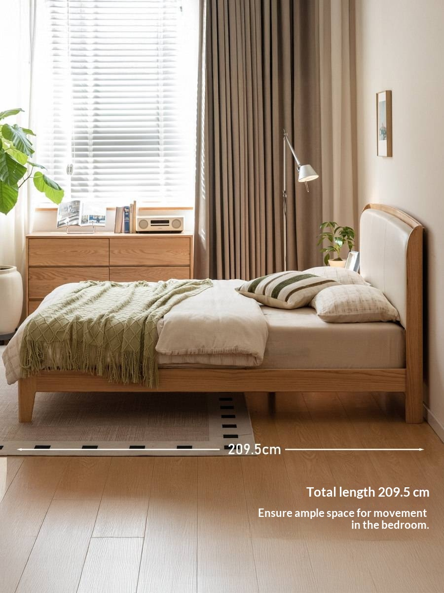 Oak Solid Wood Bed — Modern Minimalist, Genuine Leather Upholstered Bed