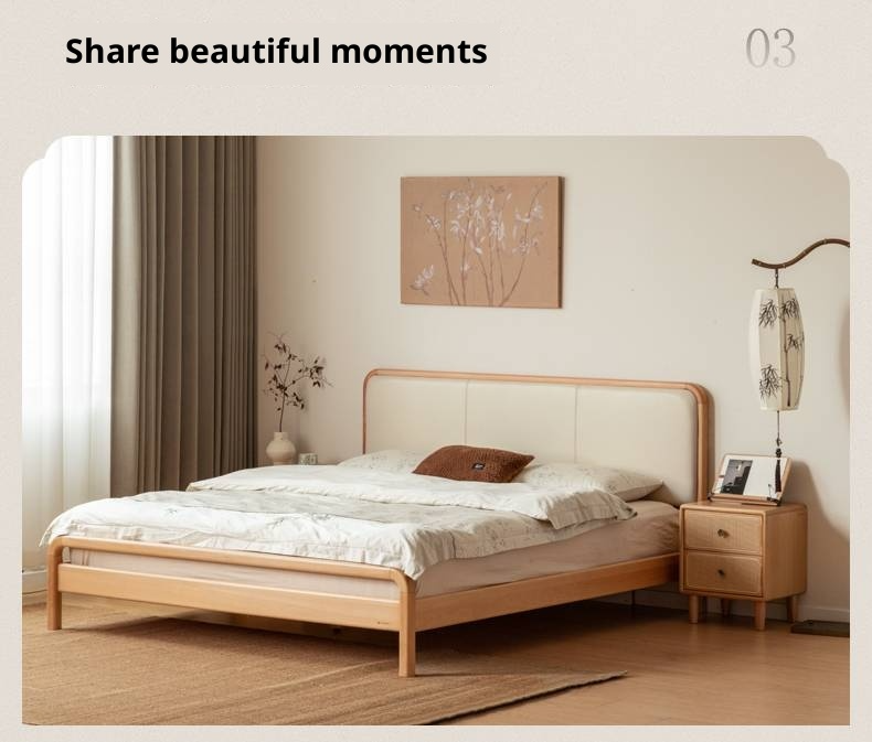 Beech Solid Wood Genuine Leather Soft Headboard Bed