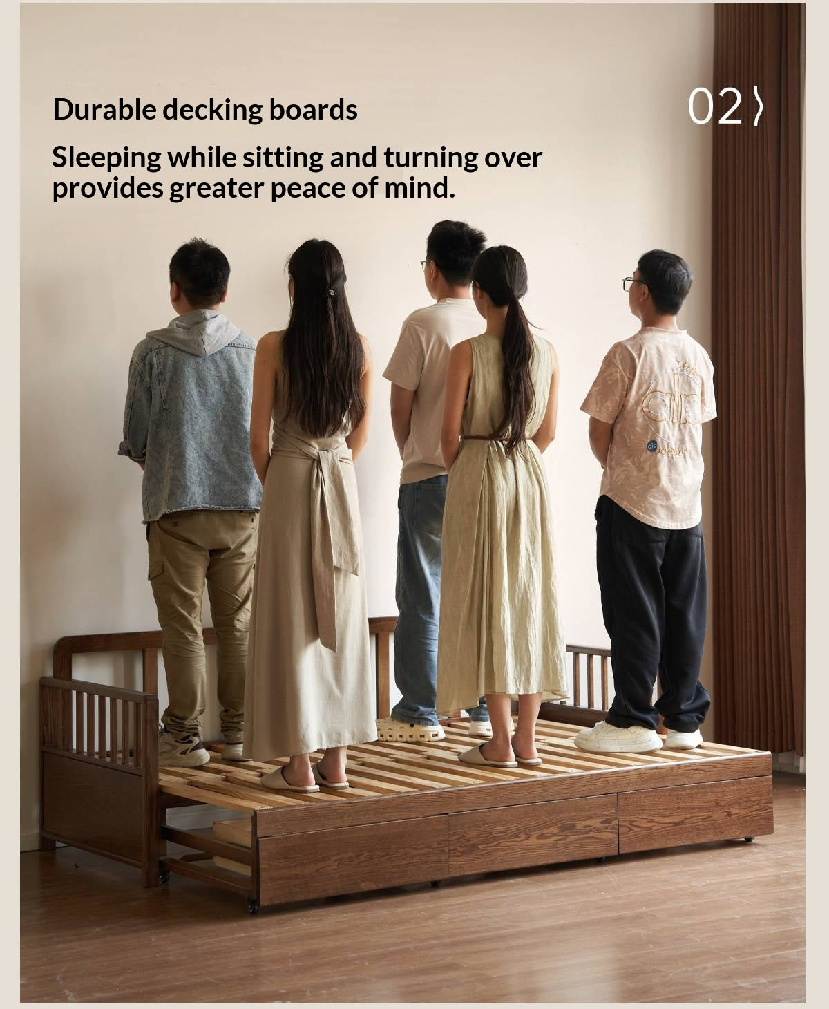 Oak Solid Wood Pull-Out Sleeper Sofa with Under-Seat Storage Drawers
